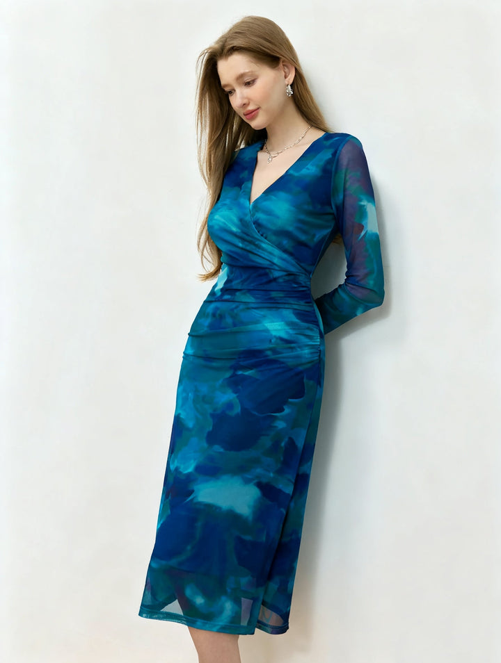 Blue Full Sleeve V Neck Dress