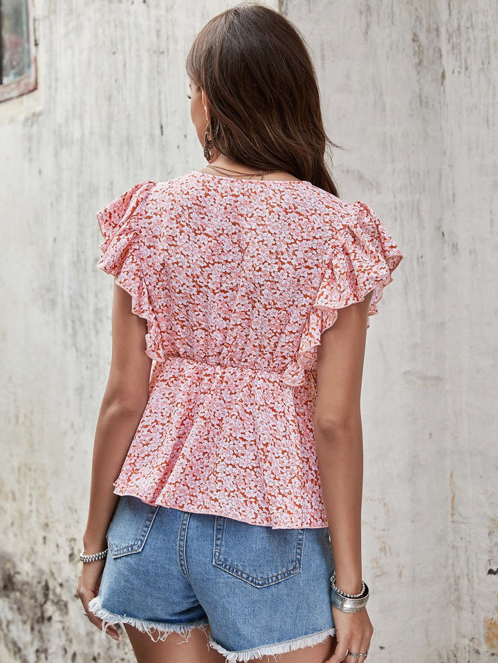 Pink Ditsy Floral Print Ruffle Top