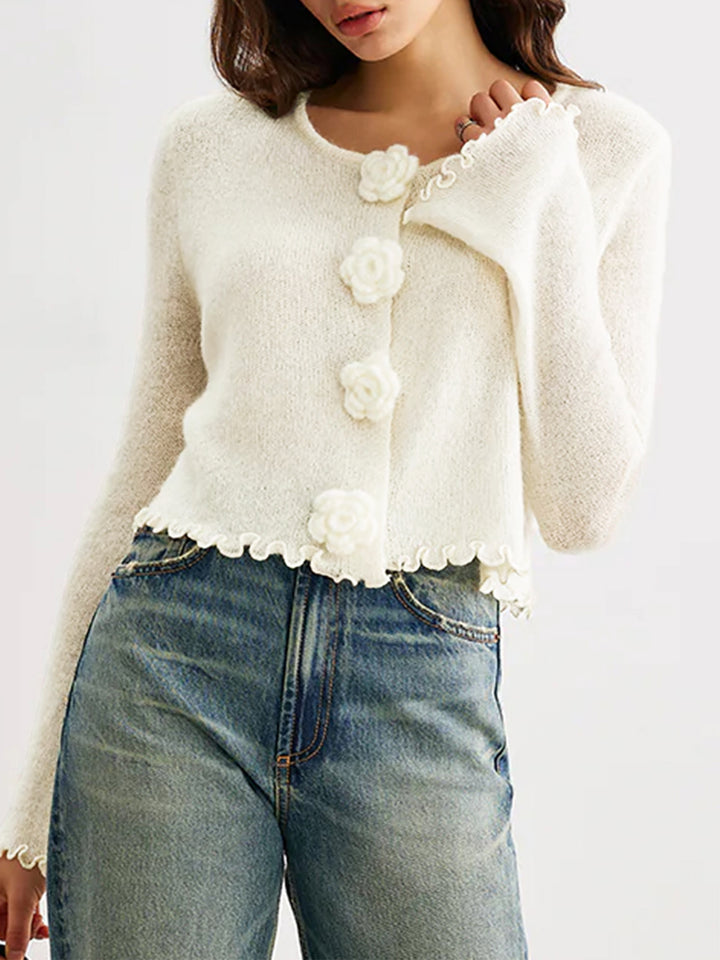 Off White Full Sleeves Flower Button  Solid Cardigan
