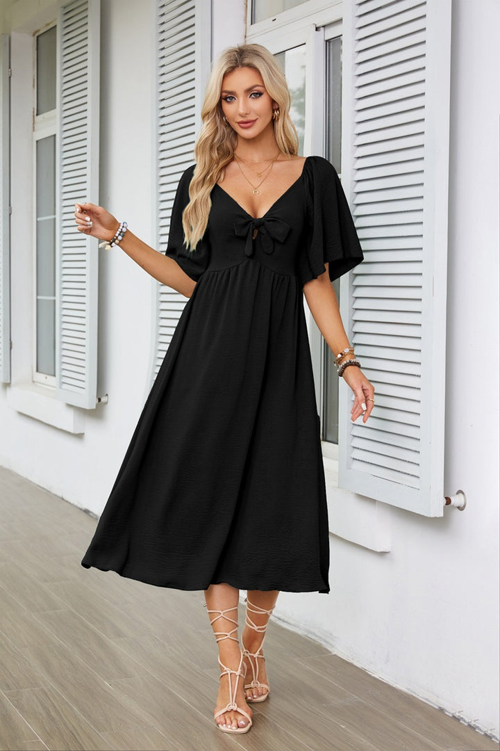 Black Flutter Sleeved Bow Detailed Neck Dress