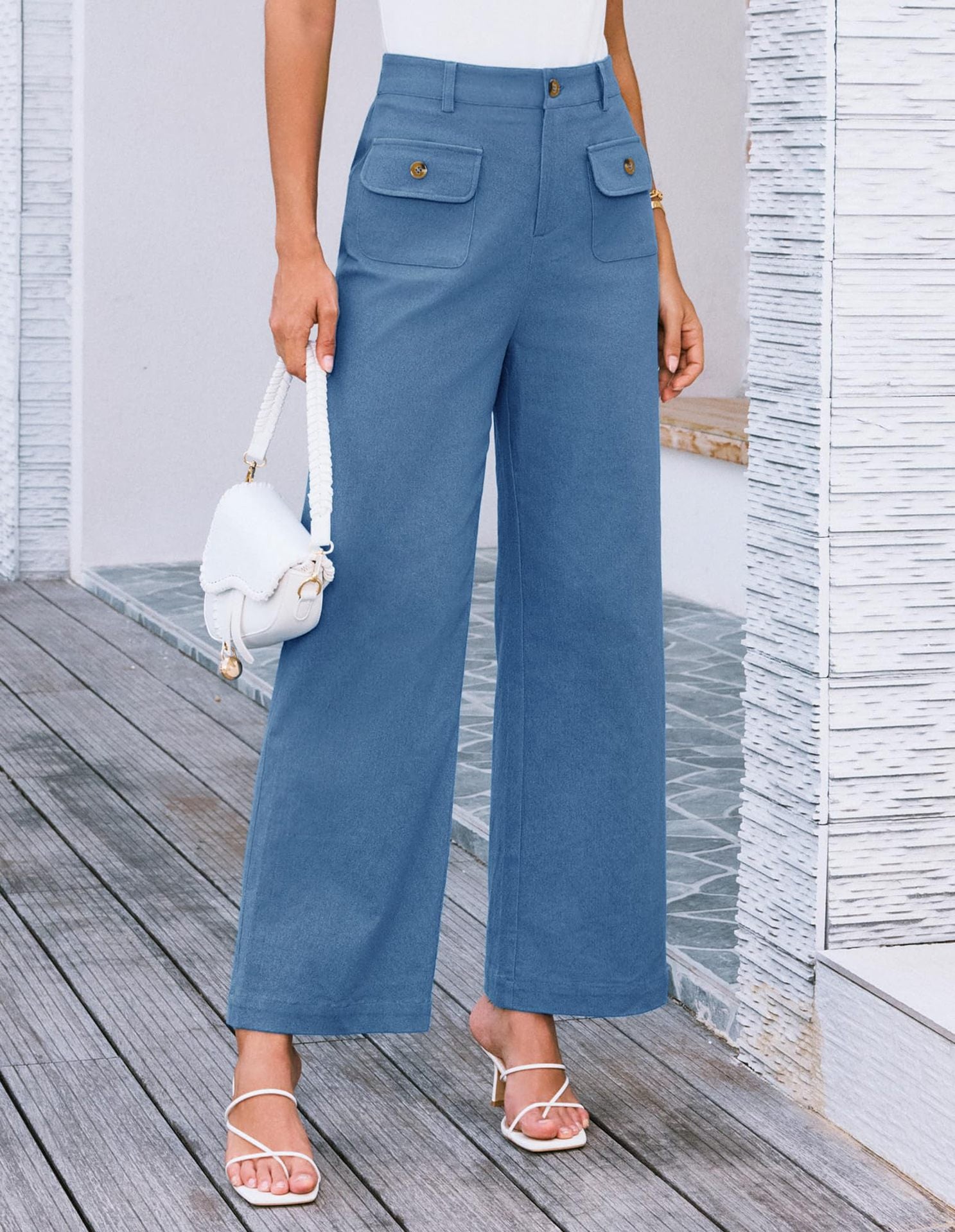 Blue Front Pockets Straight Leg Trouser