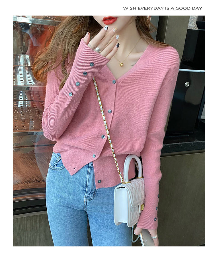 Pink Full Sleeve V Neck Buttoned Cardigan