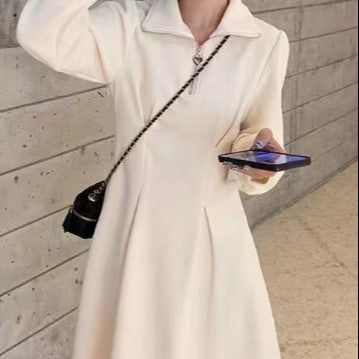 Cream A-Line Dress With Front Zipper Detail