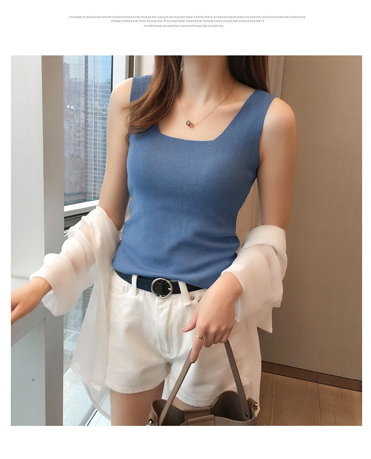 Blue Shoulder Strap Basic Fitted  Top