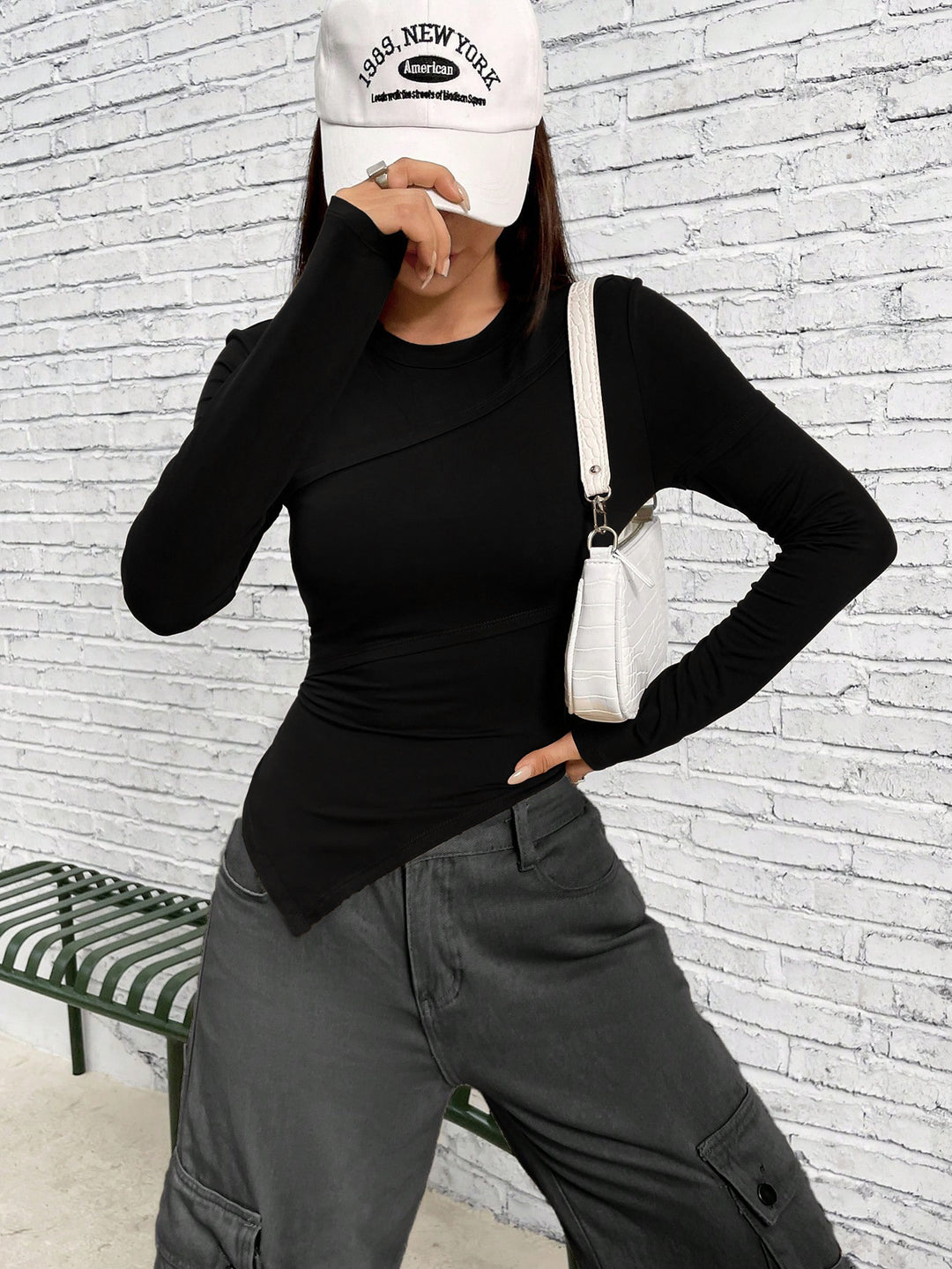 Black Full Sleeve Fitted Top With Asymmetric Top