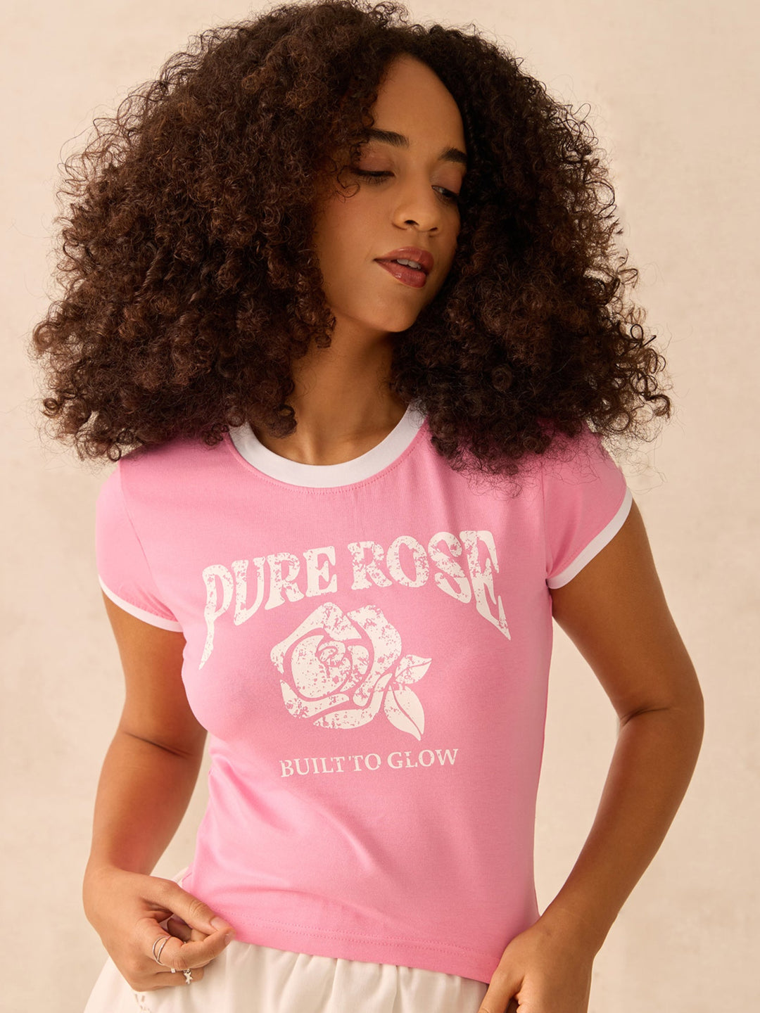 Pink Raglan Cropped Top With Graphic Print