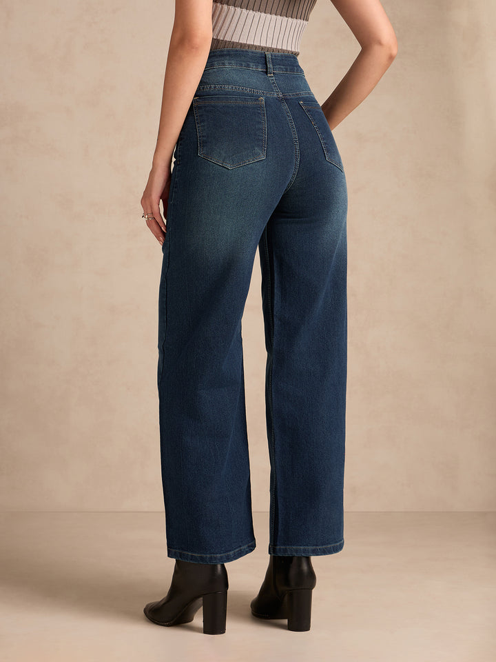 Blue Jean Flared High-Rise Low Distress Heavy Fade Stretchable Jeans