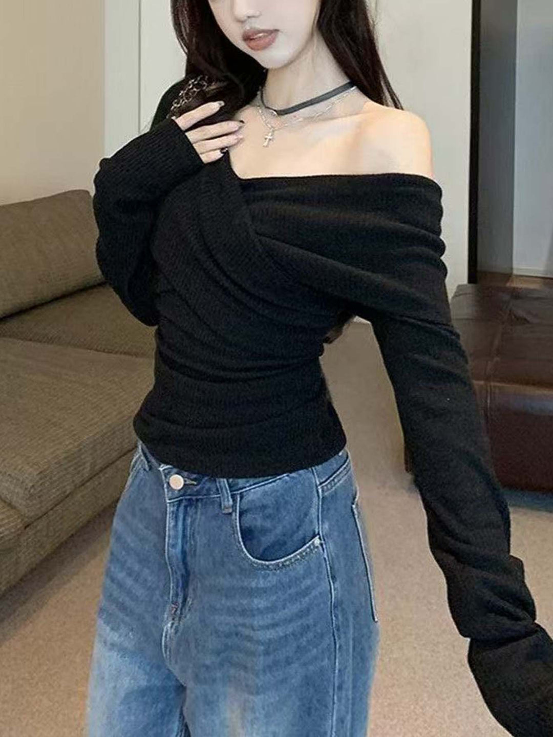 Black Off-Shoulder Ribbed Knit Top