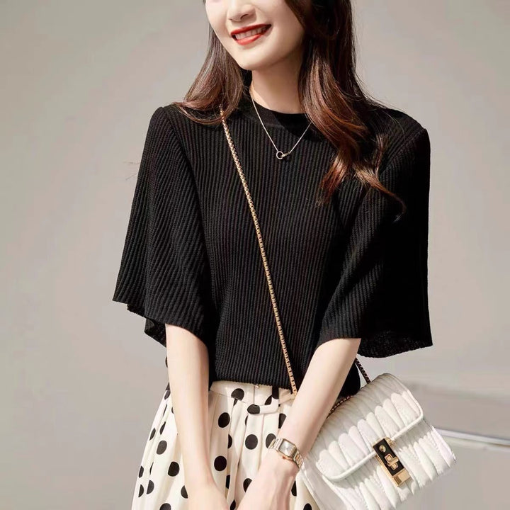 Black Plisse Top With Flared Sleeves