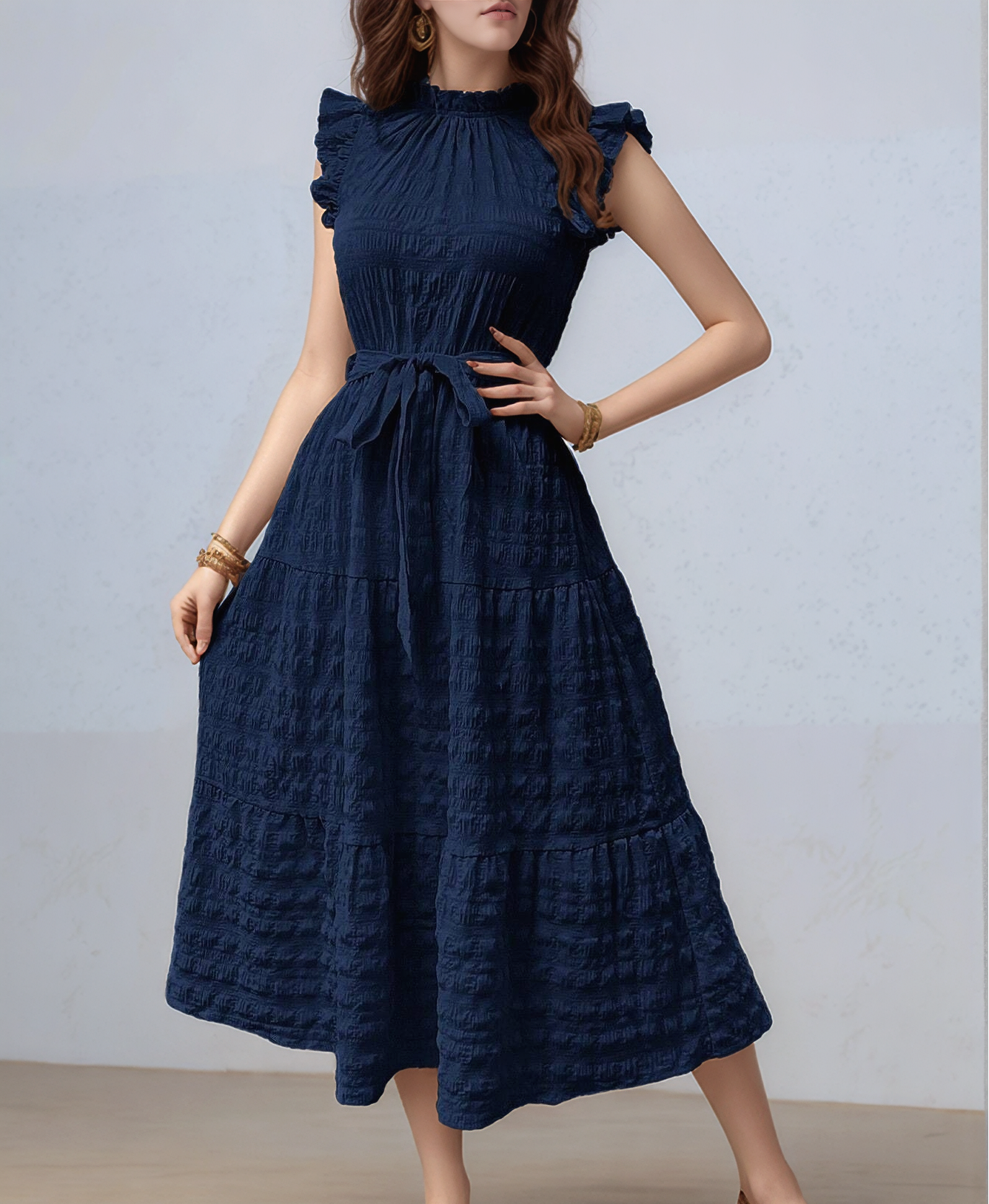 Navy Blue Short Ruffle Sleeve Mock Neck Dress