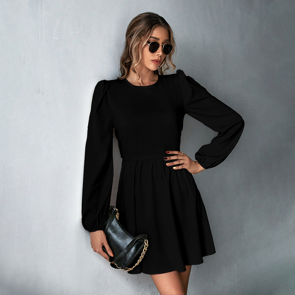 Black Bishop Sleeve Back Tie-Up Dress
