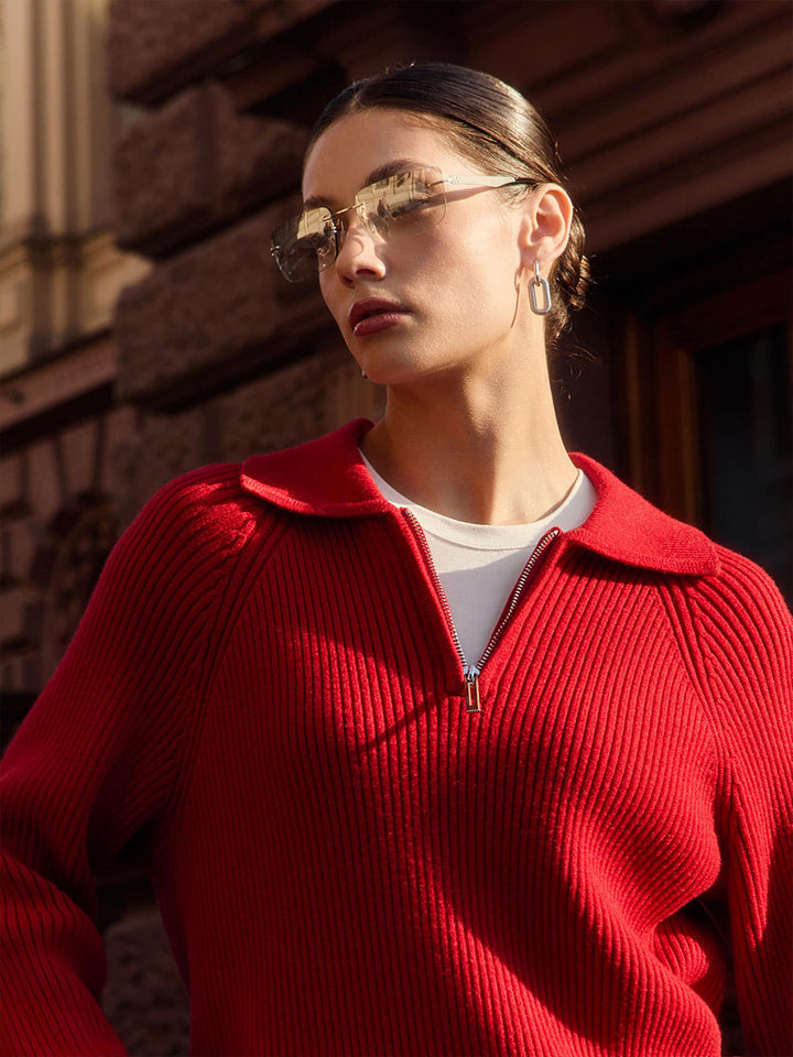 Red Collared Zip Up Sweater