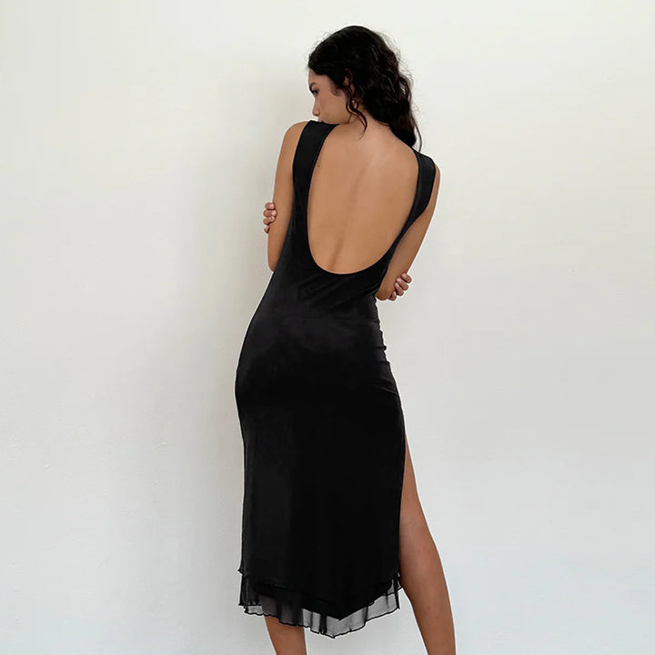 Black High Slit Flouncy Dress