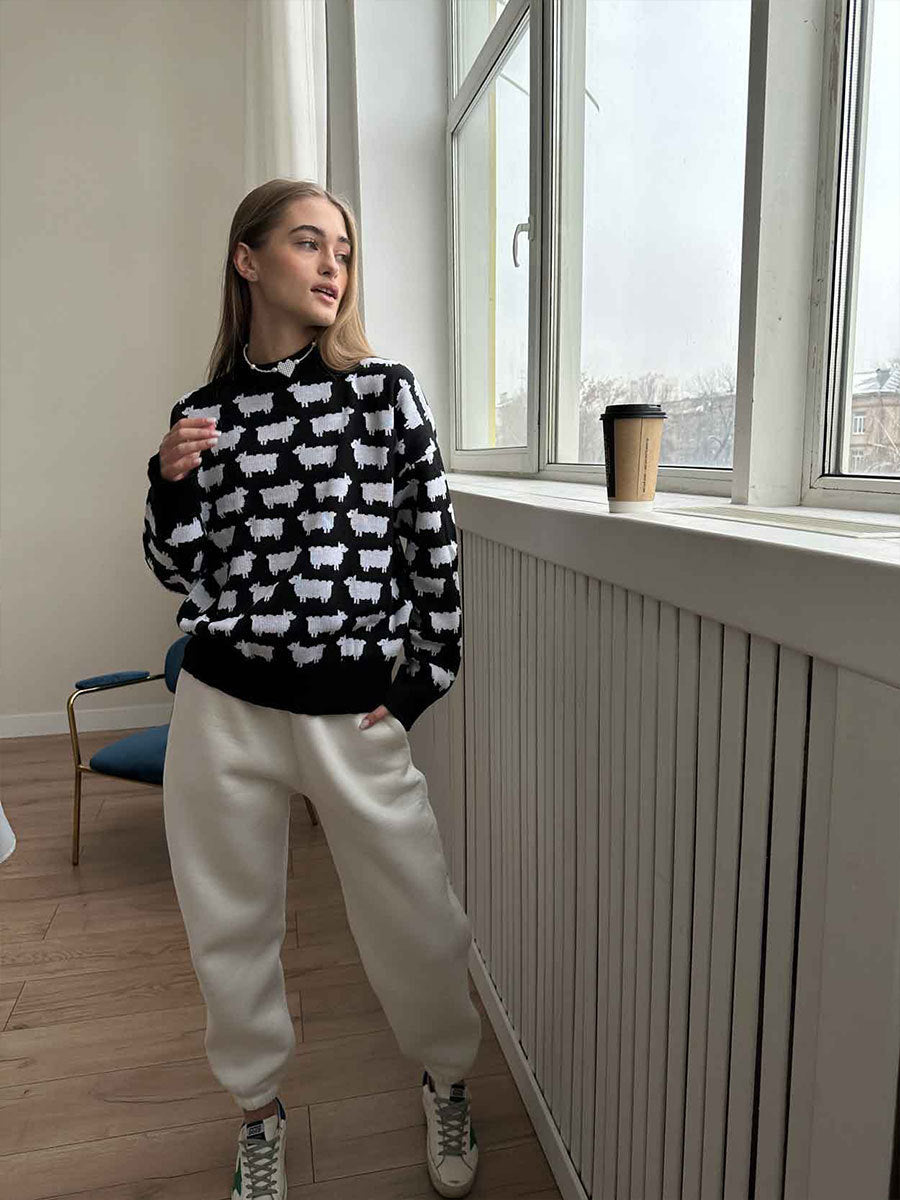 Black Printed Relaxed Sweater