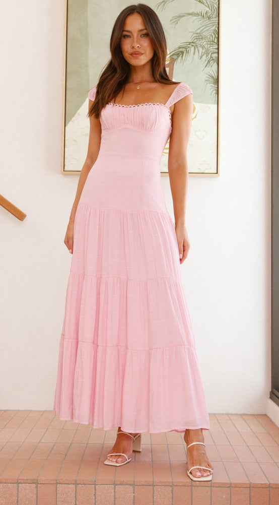 Pink Strappy Solid Tiered Dress