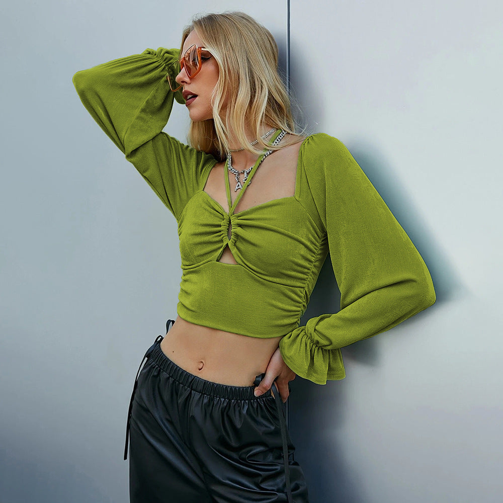 Green Full Sleeved Tie-Up Knit Top