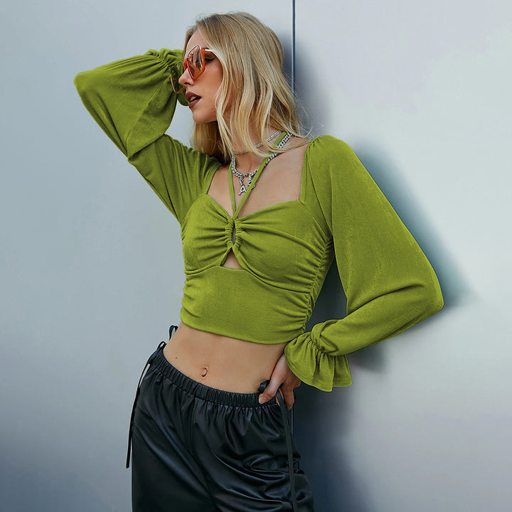 Green Full Sleeved Tie-Up Knit Top