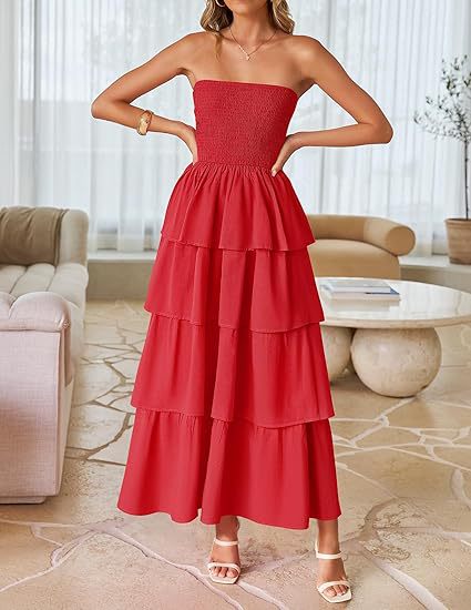 Red Tube Smoked Dress With Ruffled Layers