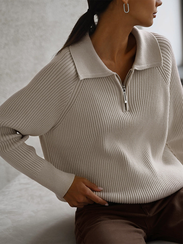 Beige Collared Zip Up Sweater