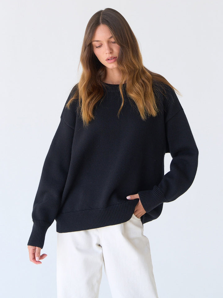 Black Relaxed High Neck Solid Sweater