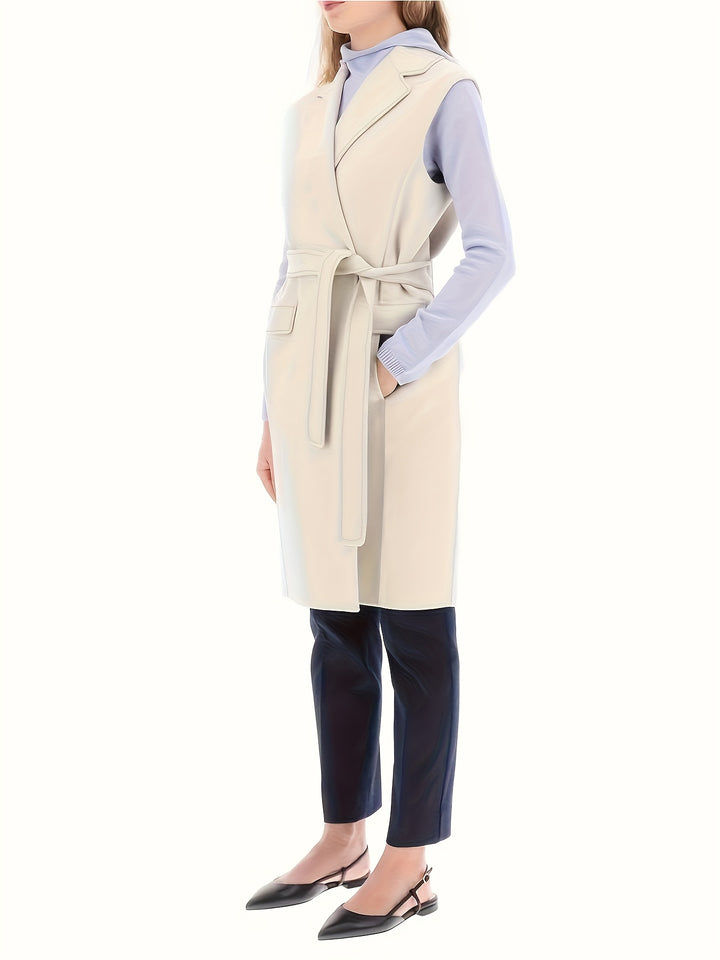 Beige Midi Length Winter Sleeveless Coat With Self Tieup Belt