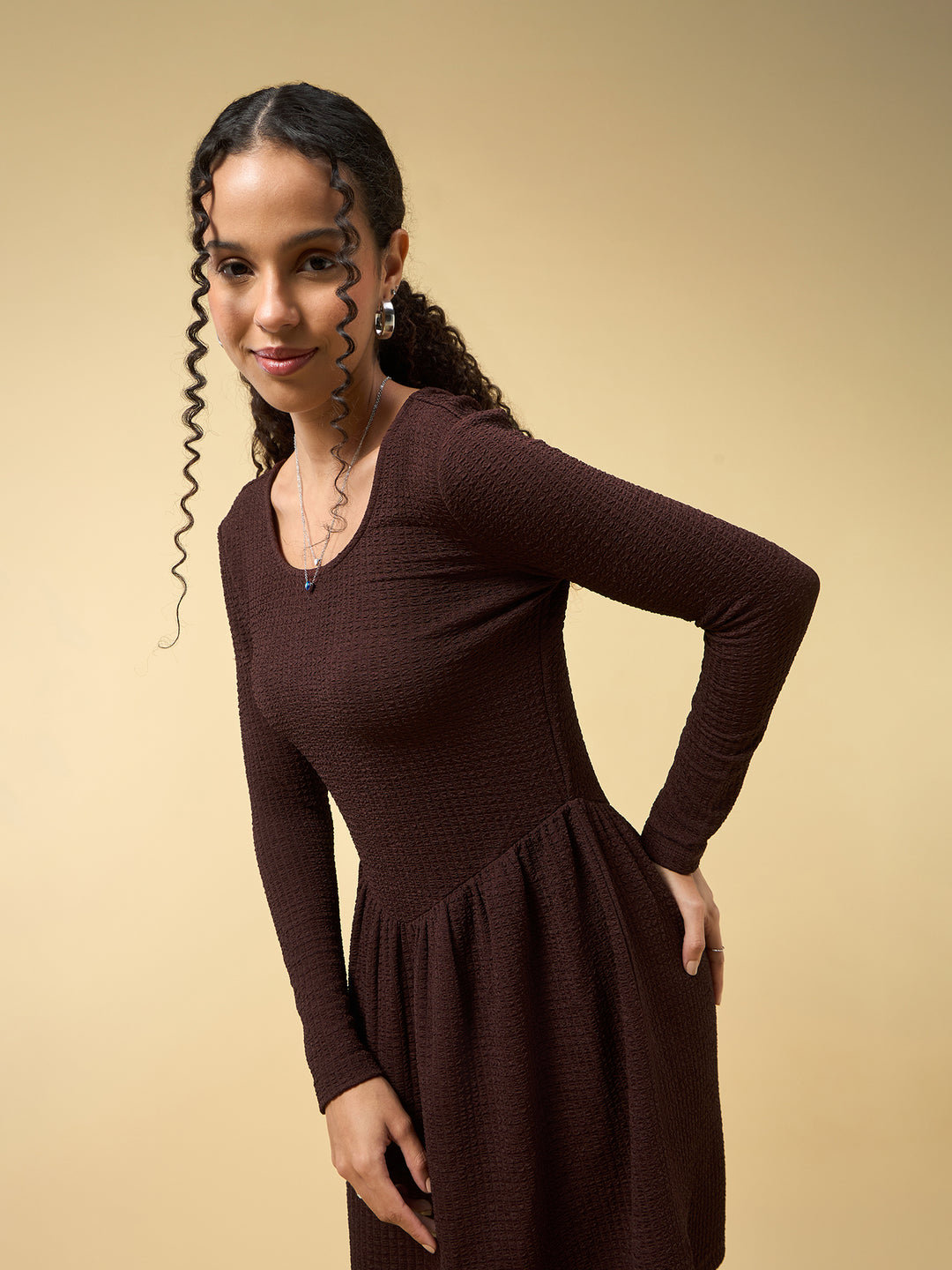 Brown Mini Dress Full Sleeve
