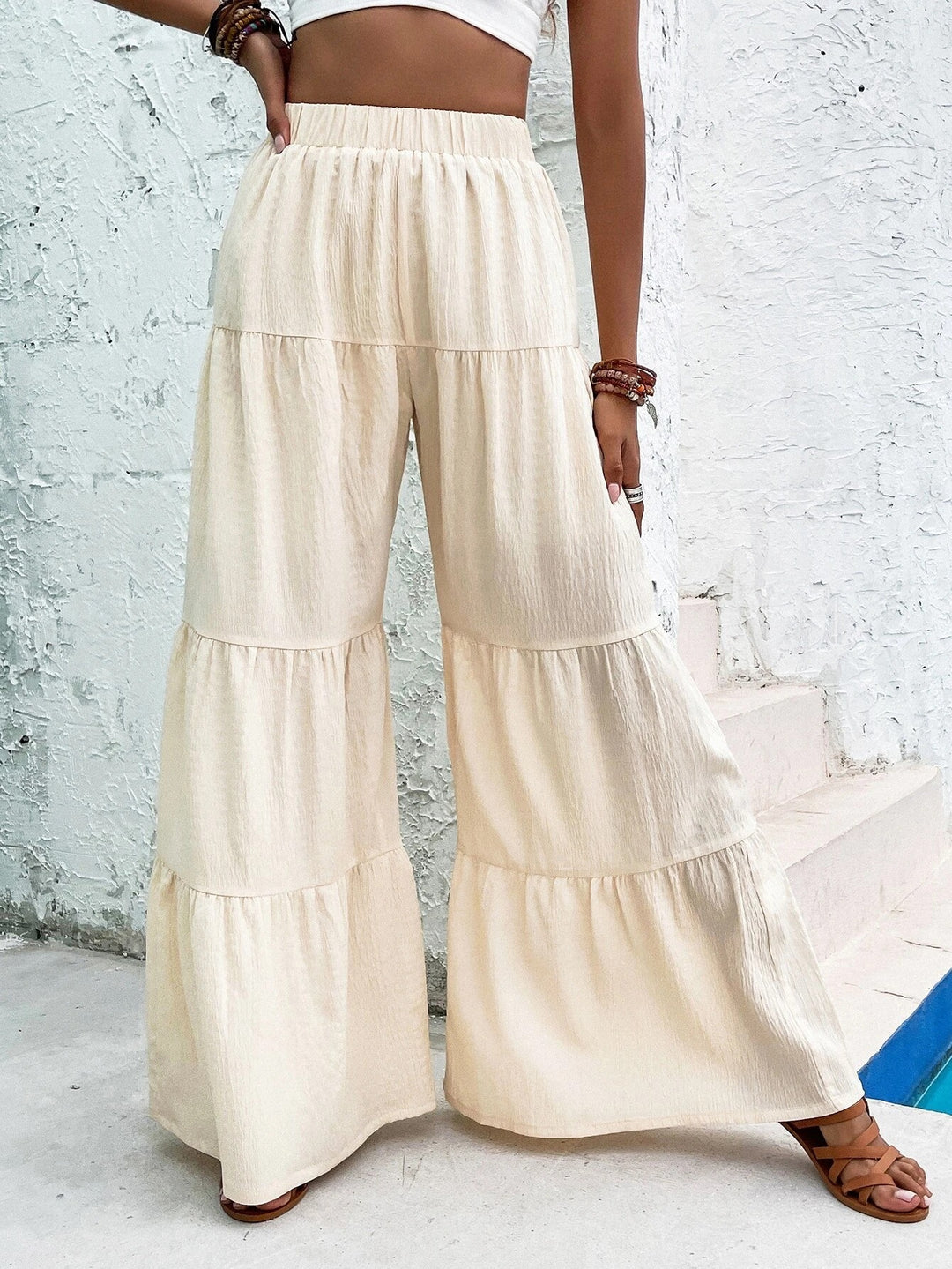 Cream Elastic Waist Tiered Pant