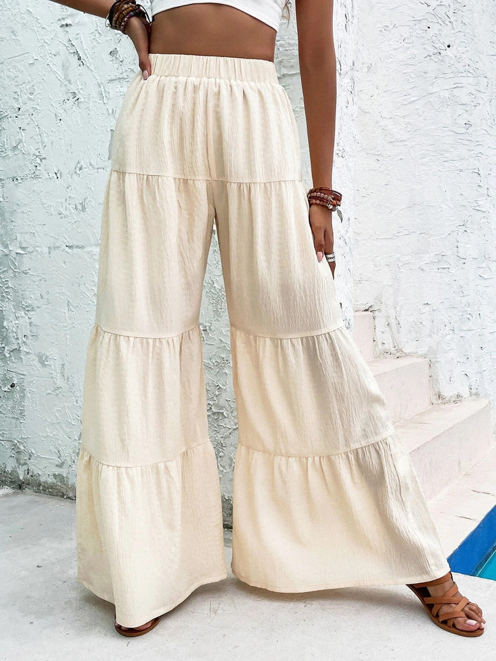 Cream Elastic Waist Tiered Pant