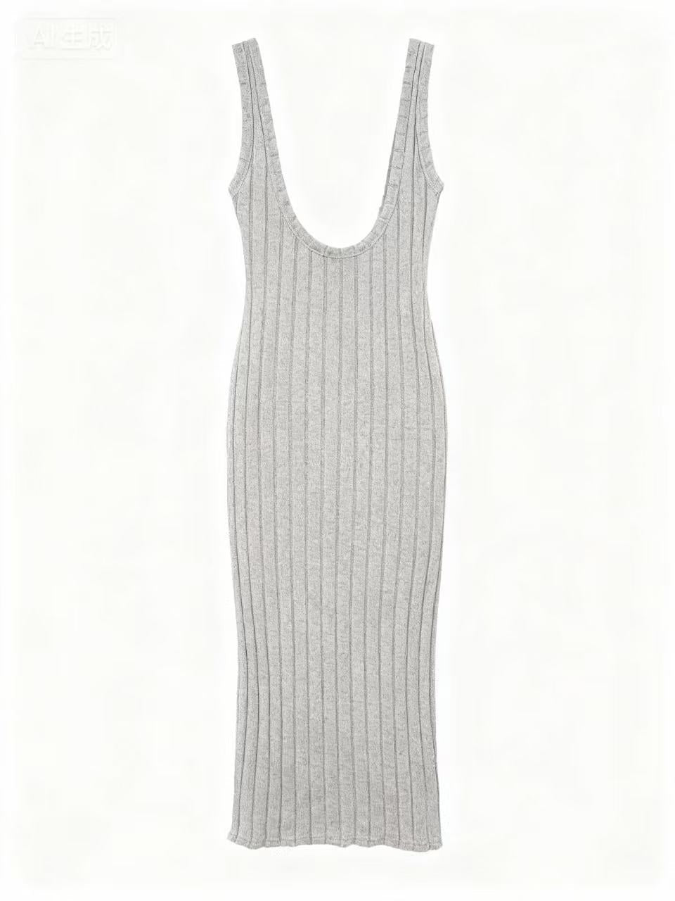 Grey Sleeveless Deep Back Neck Dress