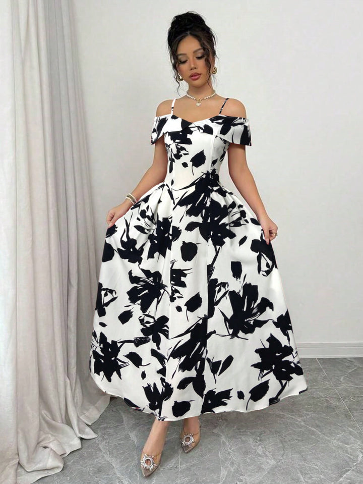 Black Cold Shoulder Printed Dress