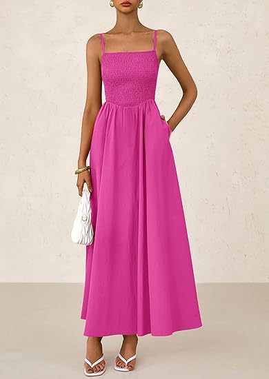 Magenta Strappy Square Neck Cinched Waist Dress With Pockets