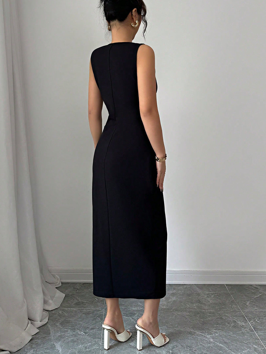 Black Solid Side Slit Dress With Bow Detailing
