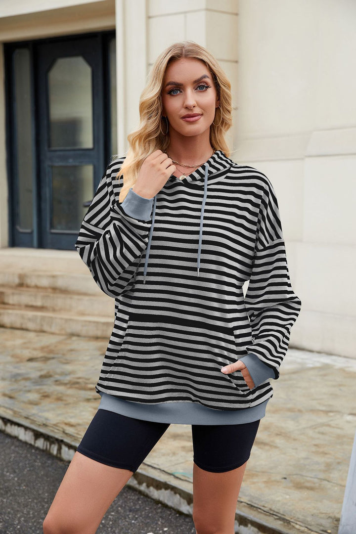 Blue Full Sleeve Stripes Hooded Sweatshirt