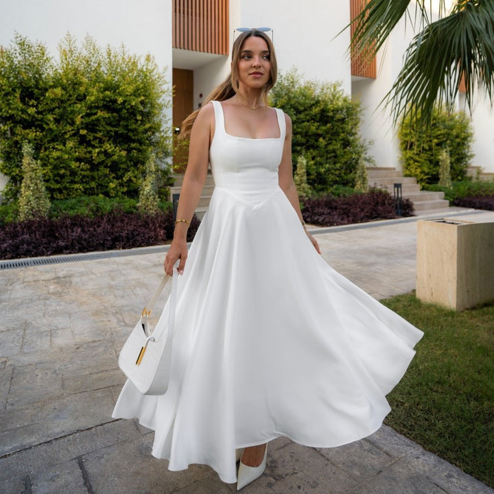 White Square Neck Flared Dress