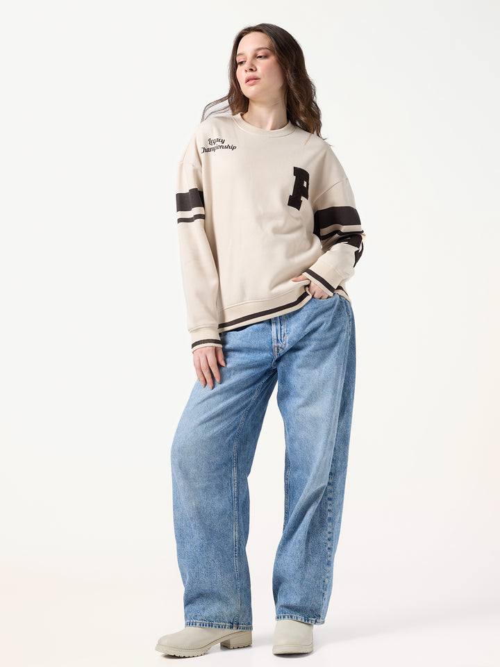 Cream Varsity Bold Applique Russian Fleece Sweatshirt