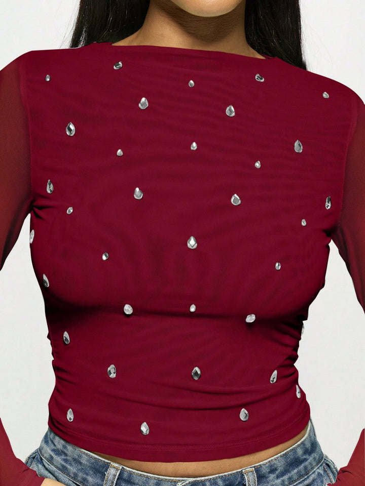 Maroon Full Sleeve Boat Neck Studded Top