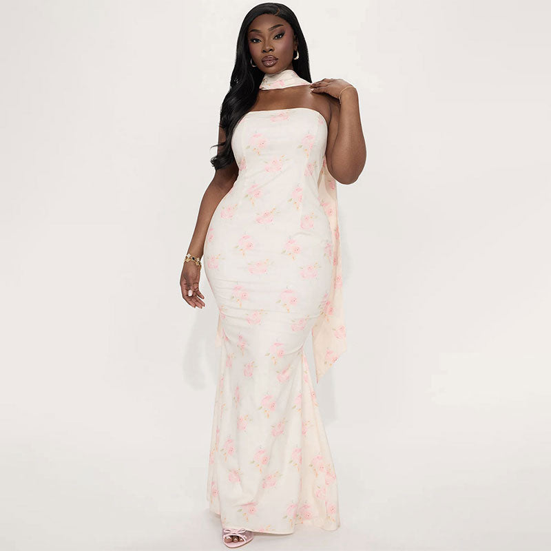 Pink Off Shoulder With Scarf Fit And Flare Dress