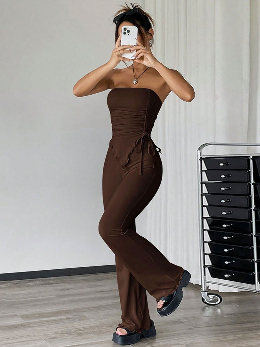Brown Strapless Side Ruched Asymmetrical Hem Co-Ords Set