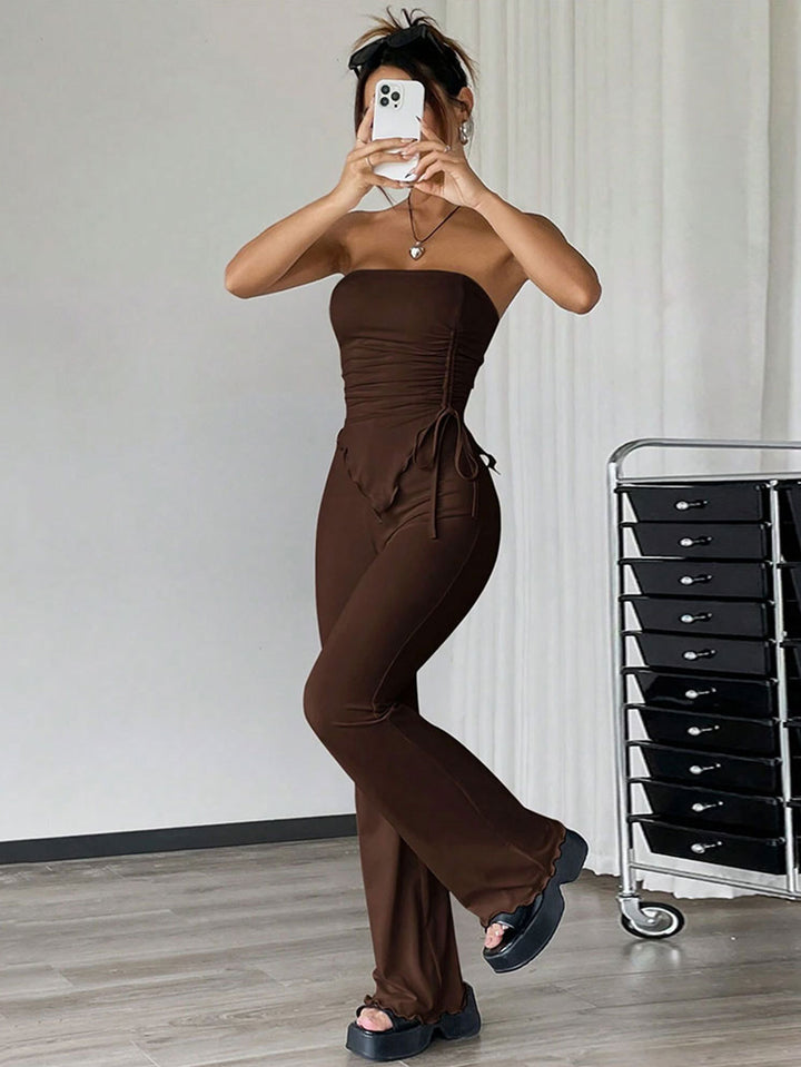 Brown Strapless Side Ruched Asymmetrical Hem Co-Ords Set