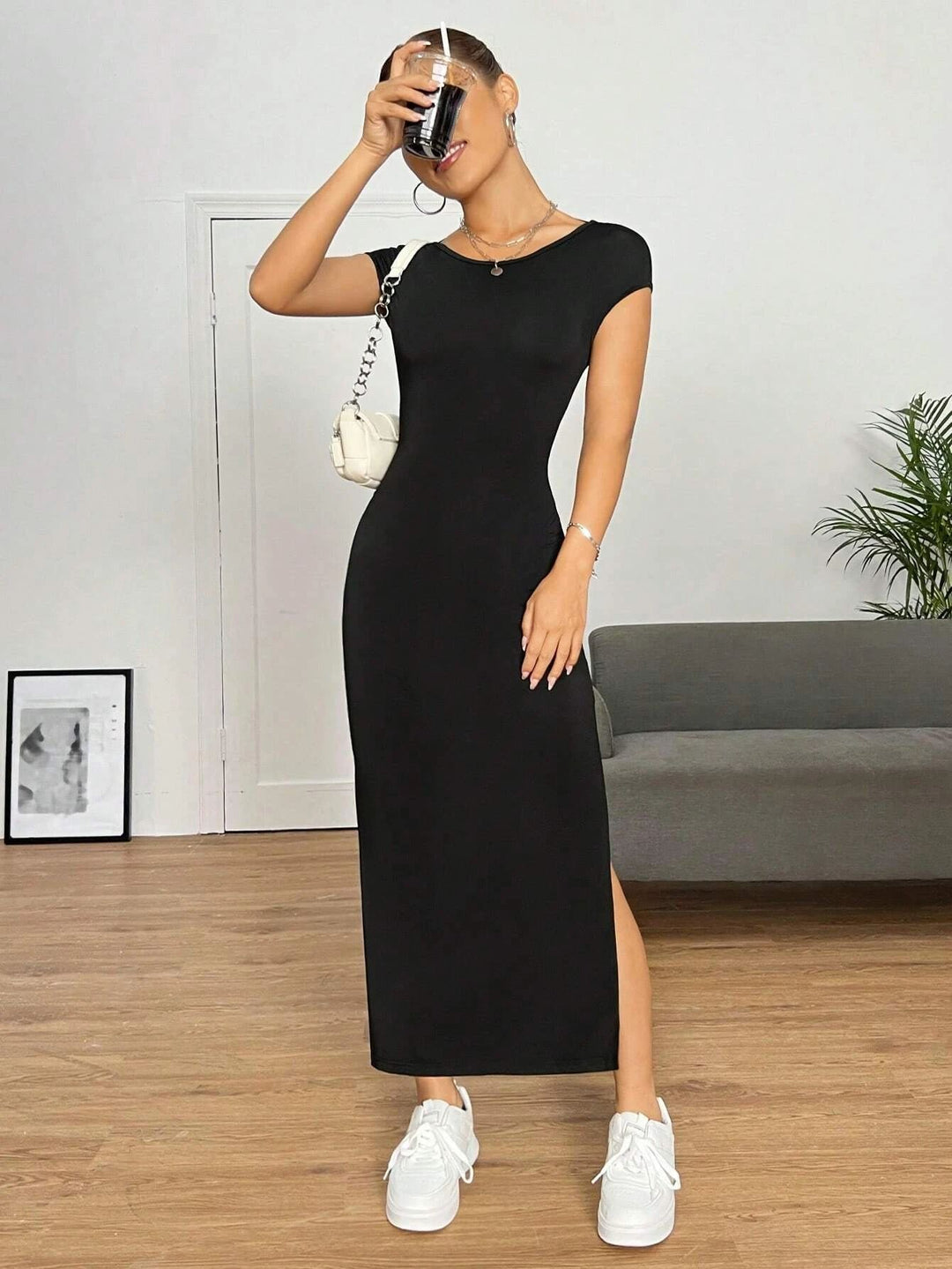 Black Cap Sleeved Deep Back Dress
