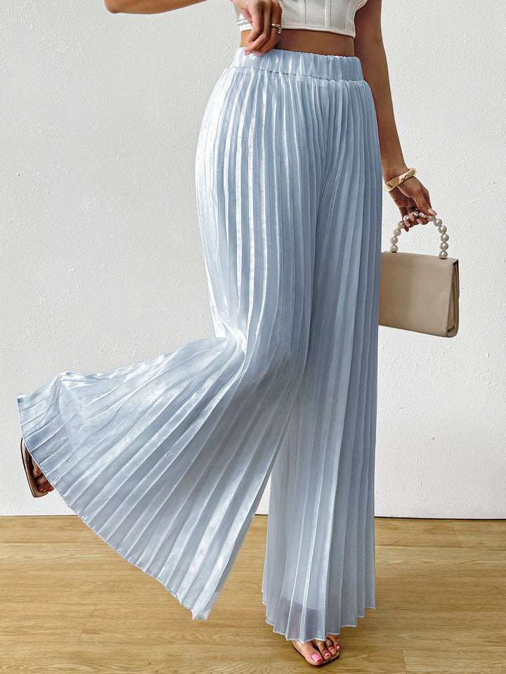 Blue Solid Wide Leg Pleated Trouser