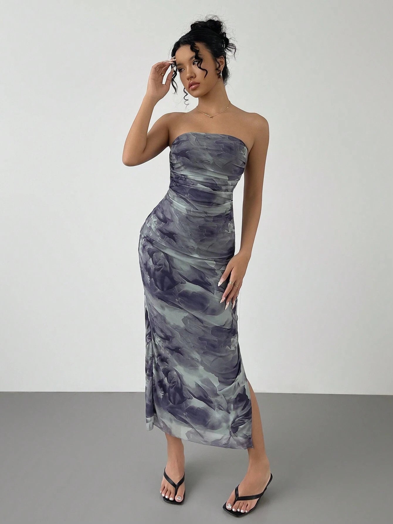 Deep Blue Digital Print Mesh Tube Dress