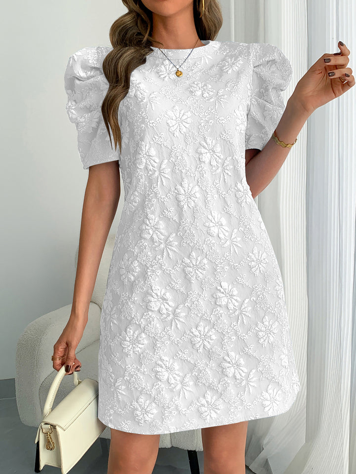 White Puff Sleeve Crew Neck Dress