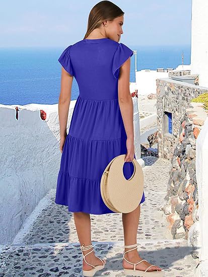 Navy Blue High V Neck Tiered Dress With Pockets