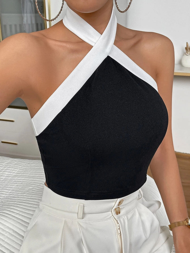 Black Contrast Hem Cross Halter Neck Top