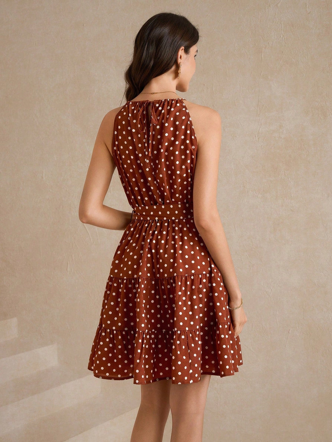 Brown Halter Neck Front Tie-Up Tiered Dress