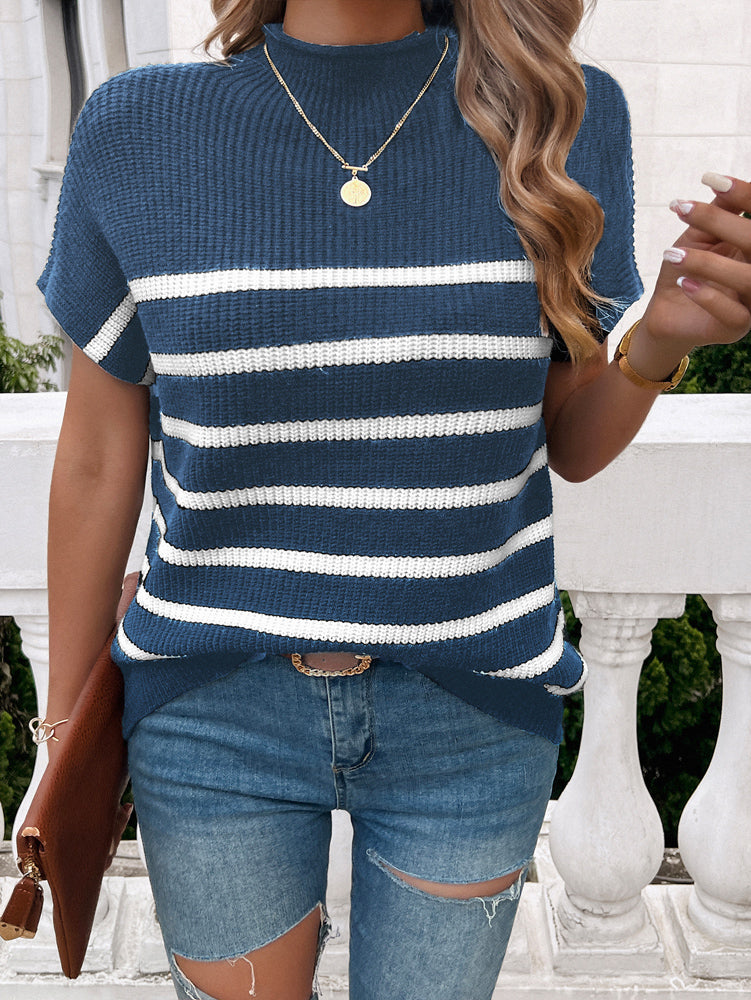 Blue High Neck Striped Top