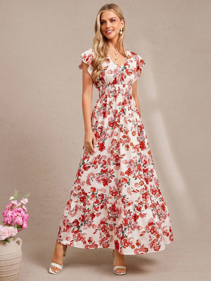 Multi Ruffle Sleeve V Neck Printed Dress