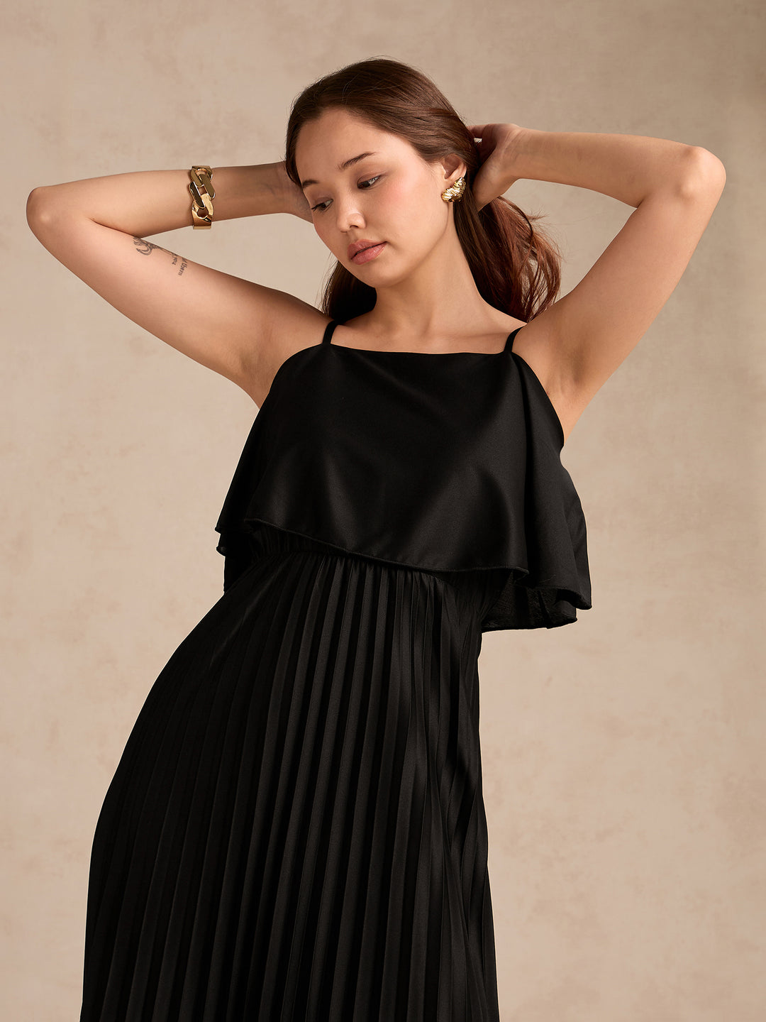 Black Strappy Pleated Maxi Dress