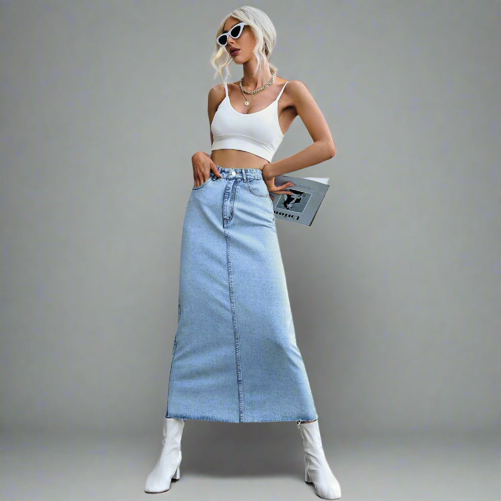 Light Blue Midi Denim Skirt With Freyed Hem